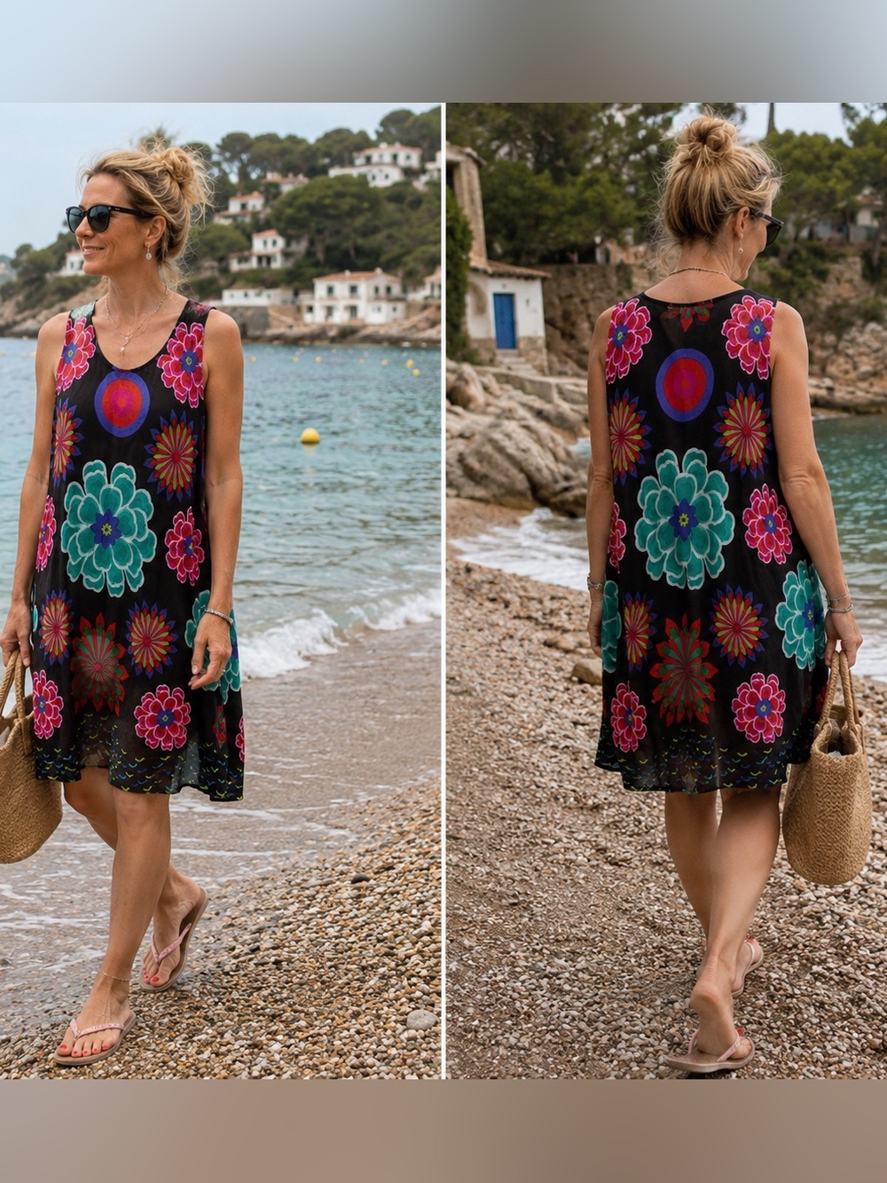 Exist USA Relaxed Fit Floral Sleeveless Black Floral Medallion Swing Dress L/XL
